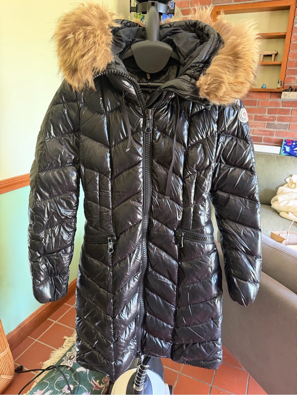 Moncler Black Quilted Long Puffer Coat with Fur-Trim Hood